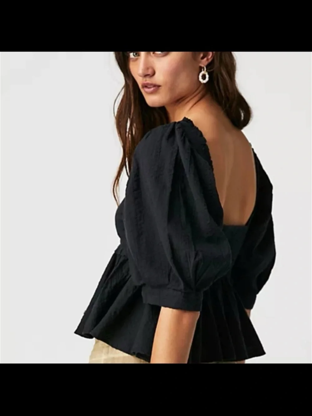 Free People Black Peplum Puff-Sleeve Button-Front Top